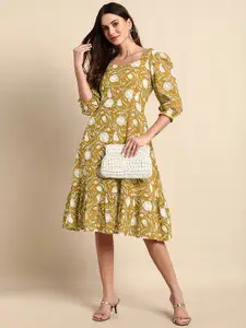 Janasya Floral Printed Pure Cotton A-Line Ethnic Dress