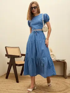 SASSAFRAS Schiffli Embroidered Round Neck Pure Cotton Top With Skirt