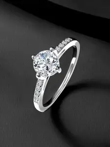 Peora925 Sterling Silver Rhodium-Plated Cubic Zirconia Studded Finger Ring