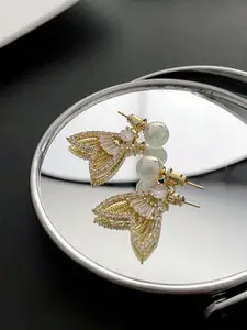 KRENOZ Gold-Plated Crystals Studded Contemporary Shaped Drop Earrings