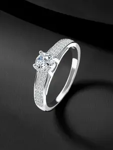 Peora 925 Sterling Silver Rhodium-Plated Cubic Zirconia Studded Finger Ring