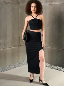 SASSAFRAS Patch Work Halter Neck Denim Corsage Crop Top With Skirt