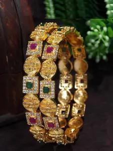 SGA FASHION Pack Of 2 Gold-Plated American Diamond Studded Bangles