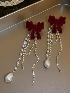KRENOZ Gold-Plated Pearls Beaded & Rhinestones Studded Bow Shaped Drop Earrings