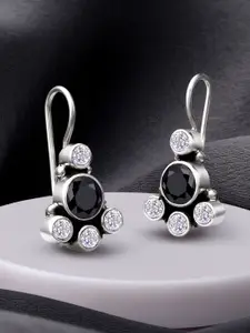 Peora 925 Sterling Silver Rhodium-Plated Crystal Studded Oxidised Drop Earrings