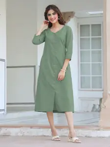 Janasya Women's Green Linen Cotton Solid Straight Dress