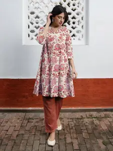 Janasya Floral Printed Pure Cotton A-Line Kurta