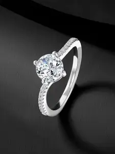 Peora Sterling Silver Rhodium-Plated Cubic Zirconia Studded Finger Ring