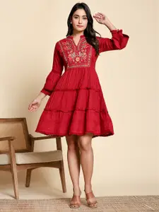 all about you Embroidered Cotton Flared Sleeve Fit & Flare Dress