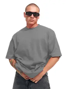 Leotude Men Solid Round Neck Cotton Oversized T-shirt