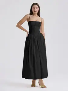 bebe Black Spaghetti Strap Corset-Style Fit & Flare Maxi Dress