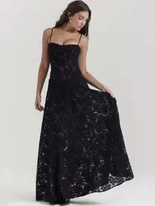bebe Black Floral Textured Mesh Spaghetti Strap A-Line Maxi Dress