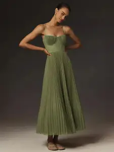 bebe Pleated Spaghetti Strap Bustier Fit & Flare Maxi Dress