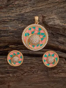 Kushal's Fashion Jewellery Pink-Mint Gold-Plated Party Zircon Pendant Set