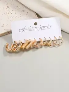 MEENAZ Set Of 5 Gold-Plated Pearls Beaded Circular Half Hoop Earrings