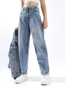 High Star Women Balloon Fit High-Rise Light Fade Distressed Cotton Jeans