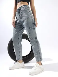 High Star Women Mom Fit Carpenter Utlity Cargo High-Rise Light Fade Cotton Crop Jeans