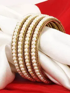 T4 JEWELS Set Of 4 Gold-Plated Pearls Studded Bangles