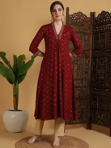 Sangria Semi-Flared 3/4 Sleeves V-Neck Kurta