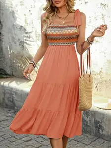 all about you Women Tie-Up Neck Tiered Fit and Flare Midi Dress