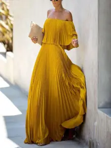 bebe Accordion Pleat Off-Shoulder Flounce Maxi Dress
