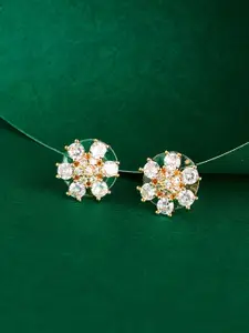 TEEJH Rose Gold-Plated Cubic Zirconia Studded Floral Shaped Drop Earrings