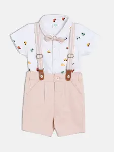 MINI KLUB Boys Printed Short Sleeves Pure Cotton Shirt With Shorts & Suspenders