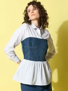 Chemistry Women Cotton Smart Opaque Casual Shirt with attached Denim Corset