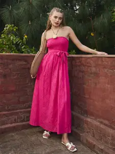 SASSAFRAS Strapless Schiffli Smocked Bandeau Maxi Dress