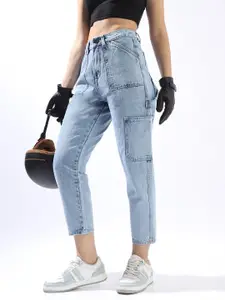 High Star Women Mom Fit Carpenter Utlity Cargo High-Rise Light Fade Cotton Crop Jeans