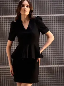 Chemistry Women Solid V-Neck Peplum Above Knee Dress