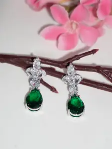 Niscka Rhodium-Plated Artificial Stones Studded Contemporary Drop Earrings