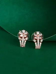 TEEJH Rose Gold-Plated Cubic Zirconia Studded Floral Shaped Drop Earrings