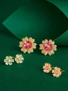 TEEJH Interchangeable Cubic Zirconia Studded Floral Shaped Drop Earrings