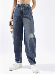 High Star Women Balloon Fit High-Rise Light Fade Distressed Cotton Jeans