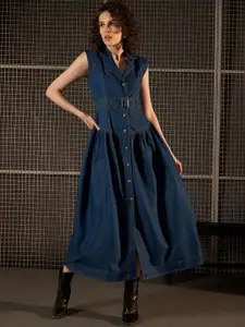Chemistry Solid Shirt Collar Denim Maxi Dress
