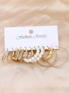 MEENAZ Set Of 6 Gold-Plated Pearls Studded Circular Half Hoop Earrings