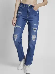 SPYKAR Women Straight Fit High-Rise Highly Distressed Light Fade Stretchable Jeans