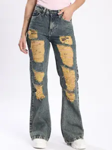 Bene Kleed Women Bootcut Mid-Rise Highly Distressed Light Fade Cotton Jeans