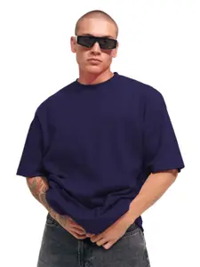 Leotude Men Solid Round Neck Cotton Oversized T-shirt