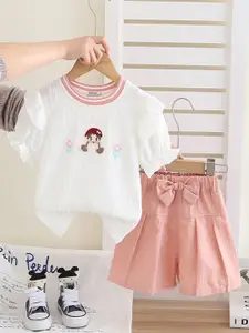 INCLUD Girls Appliqued Round Neck Top With Shorts