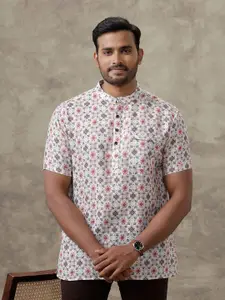 Ramraj Geometric Printed Band Collar Cotton Straight Short Kurta