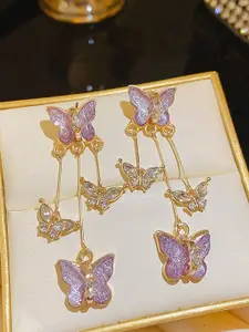 KRENOZ Gold-Plated Stones Studded Butterfly Shaped Tasselled Drop Earrings