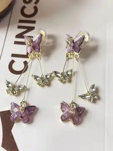 KRENOZ Gold-Plated Stones Studded Butterfly Shaped Tasselled Drop Earrings