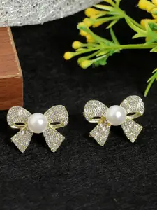 KRENOZ Gold-Plated Pearls & Artificial Stones Studded Beaded Bow Shaped Studs
