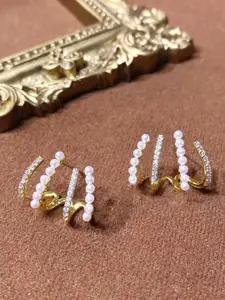 KRENOZ Gold-Plated Artificial Stones Studded & Beaded Triple Hoop Contemporary Studs