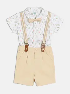 MINI KLUB Boys Floral Printed Short Sleeves Pure Cotton Shirt With Shorts & Suspenders