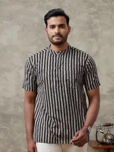 Ramraj Striped Band Collar Long Sleeves Cotton Straight Short Kurta