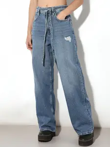 ONLY Women Wide Leg Mid-Rise Mildly Distressed Light Fade Jeans