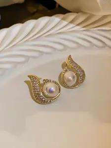 KRENOZ Gold-Plated Pearls Beaded and Crystals Studded Teardrop Shaped Studs